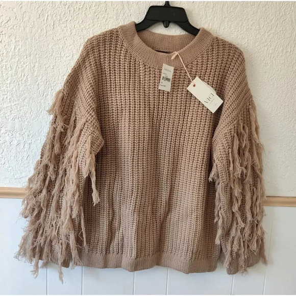 Vici Fringe Sleeve Sweater Size XS Taupe Beige Neutral Crewneck Oversized - Picture 8 of 8